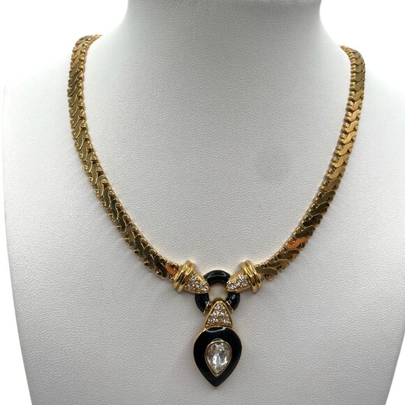 Vintage CORO China Crystal and Black Enamel Gold Tone Pendant Herringbone - Picture 1 of 7